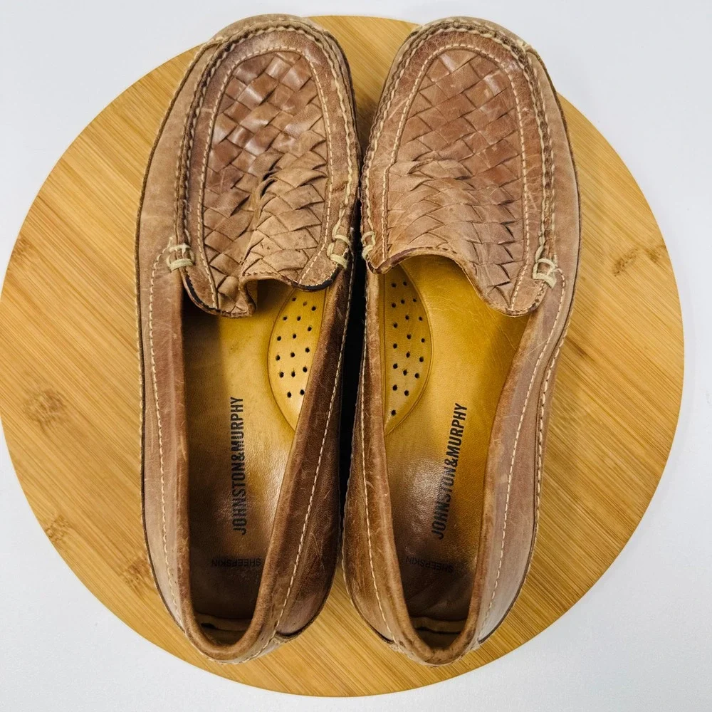 Johnston & Murphy Mens Brown Woven Leather Loafers Sheepskin Lining 10 M 20-8543